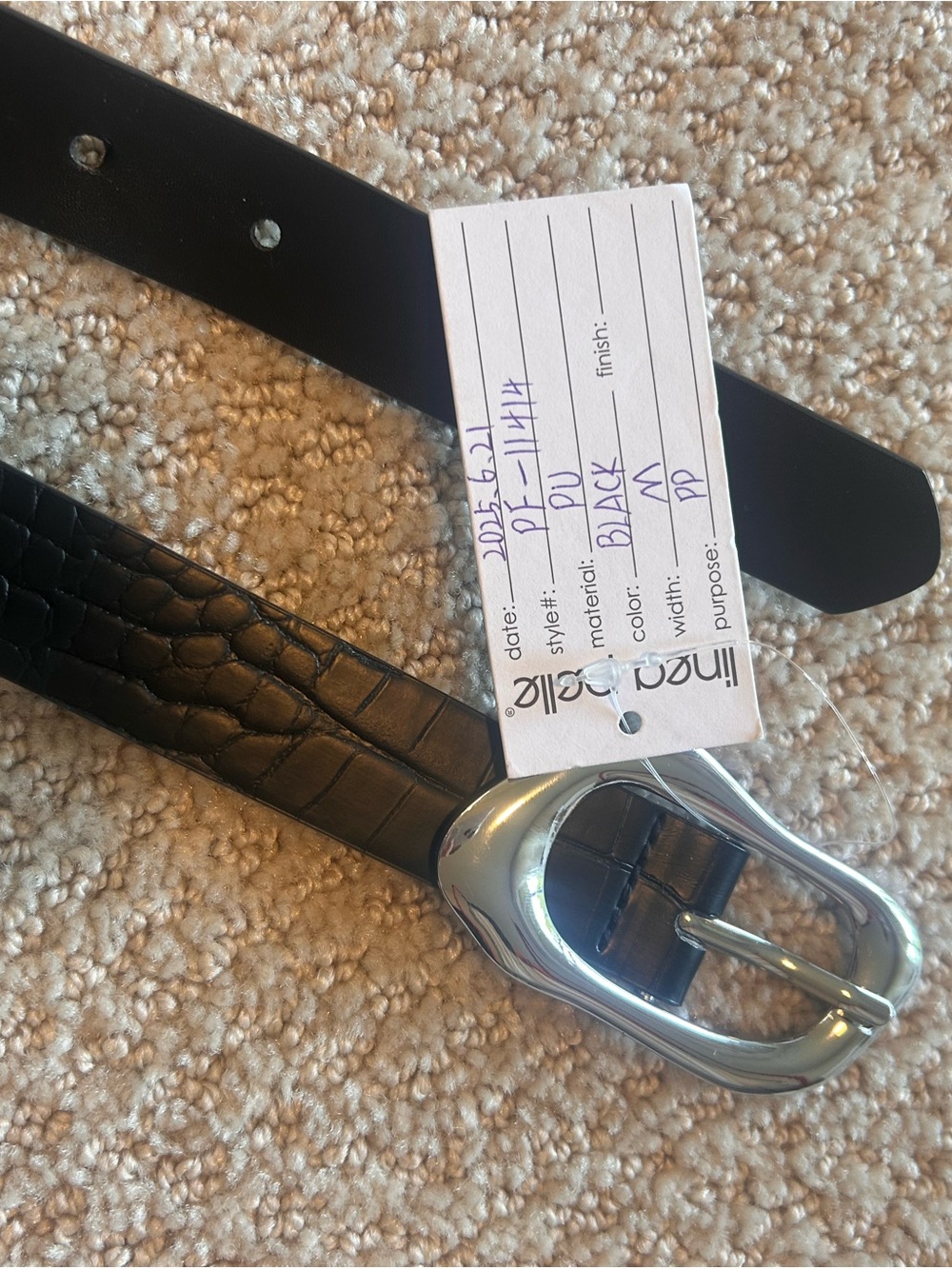 Linea Pelle Black Croc-Embossed Leather Belt with Silver Buckle